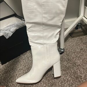 Lulu's White Heeled Boots with Chunky Block Heel
